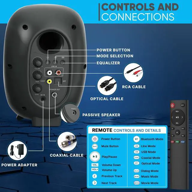 Alt view image 2 of 5 - PyleUsa HiFi 60W Powered Bluetooth Bookshelf Monitor Speaker Set, Optical RCA Input, Bass/Treble Adjustable,Deep Bass, 3 Audio Mode,Studio Computer Desk Stereo System,Remote Control,Black - PBKSR40