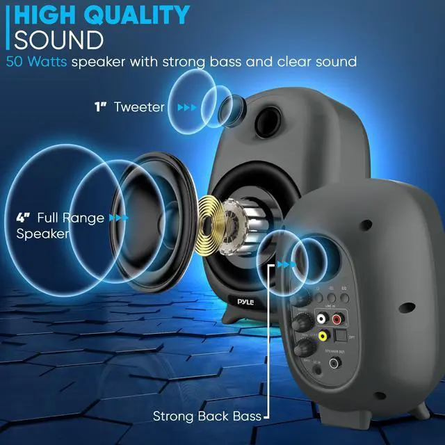 Alt view image 5 of 5 - PyleUsa HiFi 60W Powered Bluetooth Bookshelf Monitor Speaker Set, Optical RCA Input, Bass/Treble Adjustable,Deep Bass, 3 Audio Mode,Studio Computer Desk Stereo System,Remote Control,Black - PBKSR40