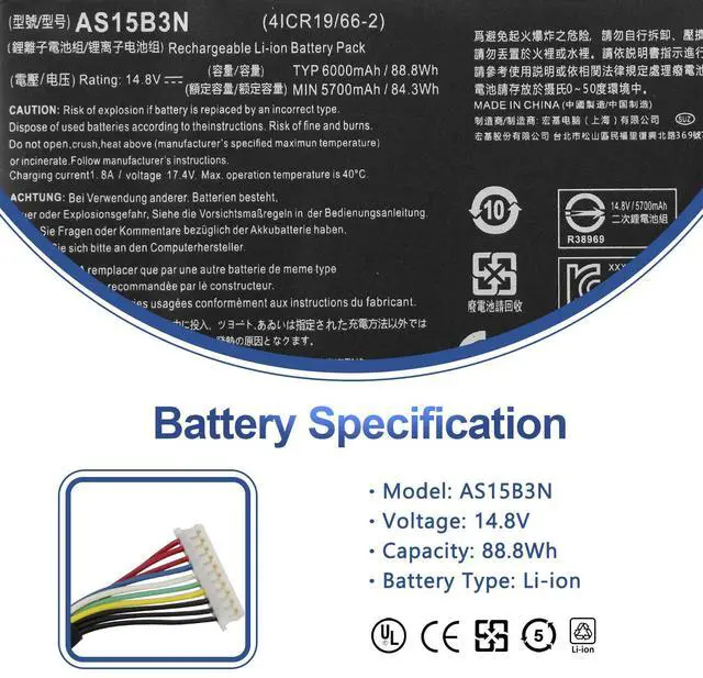 Alt view image 2 of 5 - ANTIEE AS15B3N Laptop Battery for Acer Predator 15 G9-591 G9-591G G9-592 G9-592G G9-593 Predator 17 G5-793 G9-791 G9-791G G9-792 G9-792G G9-793 Predator 17X GX-791 GX-792 21X GX21-71 G9000 4ICR19/66-2