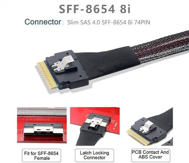 Alt view image 5 of 5 - chenyang PCI-E 5.0 Mini Cool Edge IO MCIO 74Pin to SFF-8654 8i 74Pin Slimline SAS 4.0 24 Gbps Extension Cable 50cm