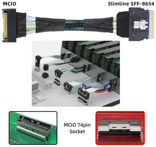 Alt view image 4 of 5 - chenyang PCI-E 5.0 Mini Cool Edge IO MCIO 74Pin to SFF-8654 8i 74Pin Slimline SAS 4.0 24 Gbps Extension Cable 50cm