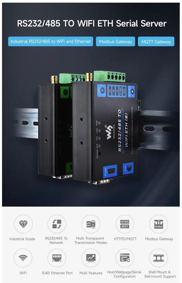 Alt view image 2 of 5 - coolwell Industrial Grade RS232/485 to WiFi ETH Serial Server 6t Modbus Gateway MQTT Gateway Metal Case