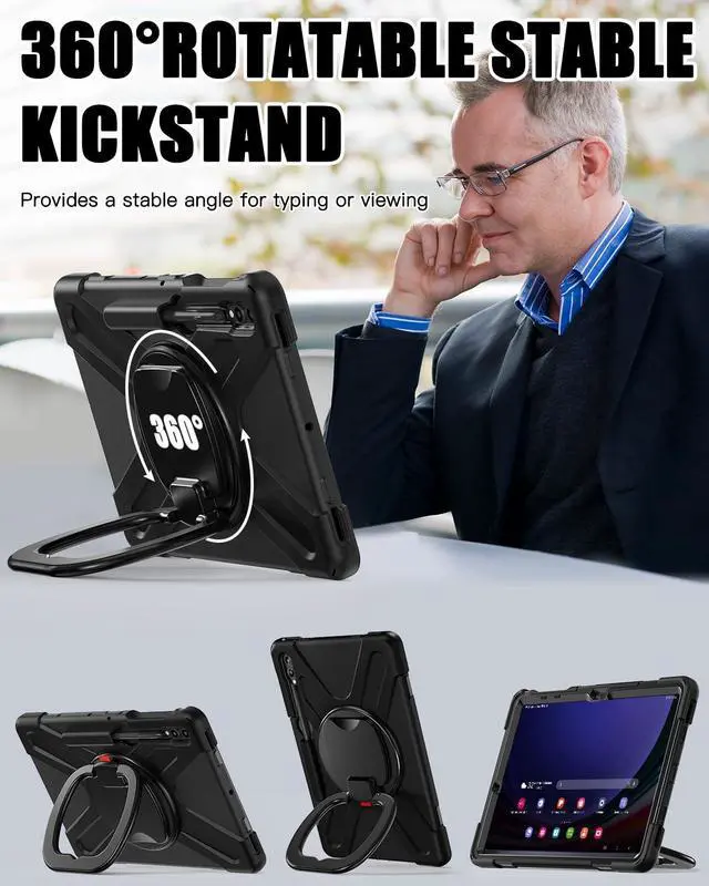 Alt view image 3 of 5 - BRAECN Case for Samsung Galaxy Tab S10+/S9 FE+/S9+ Plus 12.4 Inch, Heavy Duty Silicone Case with Screen Protector, S Pen Holder, Stable Kickstand,Shoulder Strap for Galaxy Tab S8+/S7 FE/S7+, Black