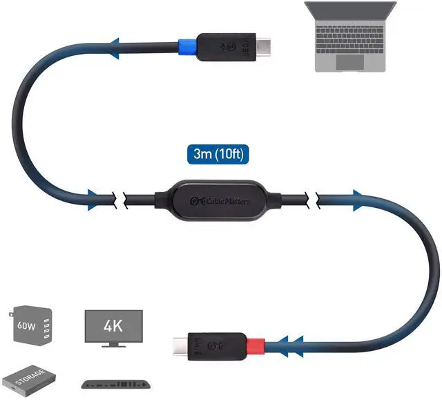 Alt view image 3 of 5 - Cable Matters Unidirectional 10Gbps Active USB C Cable 10 ft, Supports Up to [4K@60Hz Video, 60W Charging, 10Gbps Data Transfer] for Apple Vision Pro, Meta Quest 3 VR Headset, Portable Monitor