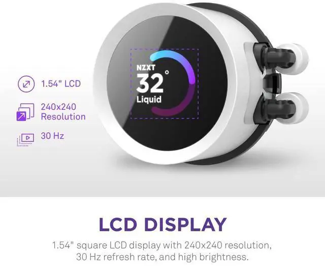 Alt view image 3 of 5 - NZXT Kraken 240 RGB - 240mm AIO CPU Liquid Cooler - Customizable 1.54"" Square LCD Display for Images, Performance Metrics - High-Performance Pump - 2 x F120 RGB Core Fans - White