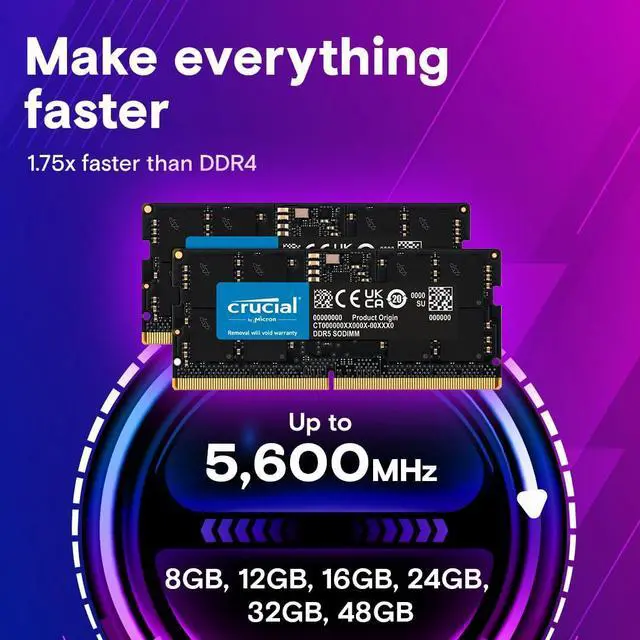Alt view image 3 of 5 - Crucial 64GB DDR5 RAM Kit (2x32GB), 4800MHz CL40 Laptop Memory - SODIMM 262-Pin - Compatible with 12th Intel Core - CT2K32G48C40S5