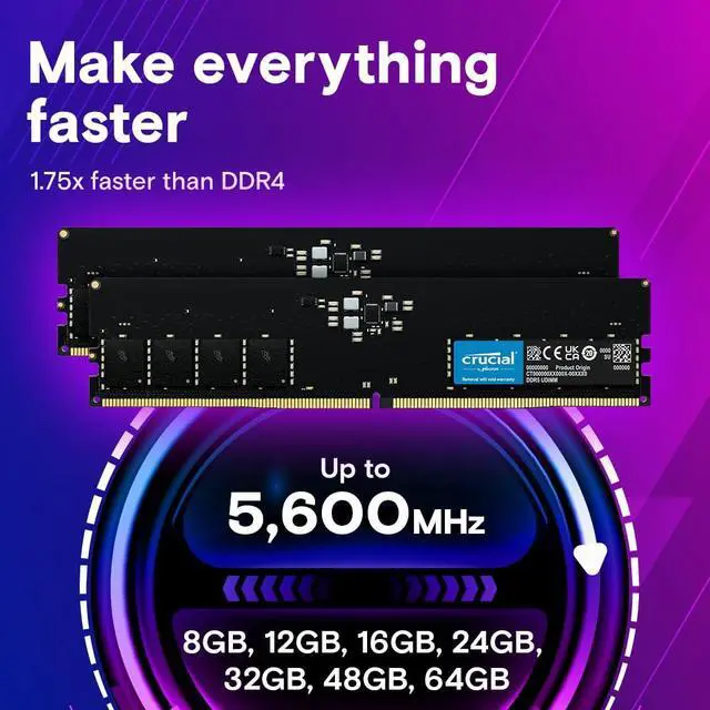Alt view image 3 of 5 - Crucial 64GB DDR5 RAM, 5600MHz (or 5200MHz or 4800MHz) Desktop Memory Kit, UDIMM 288-Pin, Compatible with 13th Gen Intel Core and AMD Ryzen 7000 - CT2K32G56C46U5