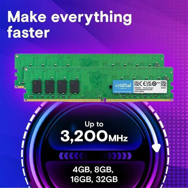 Alt view image 2 of 5 - Crucial 32GB DDR4 RAM, 3200MHz (PC4-25600) CL22 Desktop Memory, UDIMM 288-Pin, Downclockable to 2933/2666MHz, Compatible with Intel and AMD Ryzen - CT16G4DFRA32A