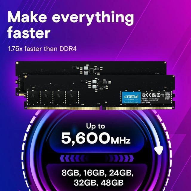 Alt view image 3 of 5 - Crucial 32GB DDR5 RAM, 4800MHz CL40 Desktop Memory, UDIMM 288-Pin, Compatible with 13th Gen Intel Core and AMD Ryzen 7000s - CT32G48C40U5