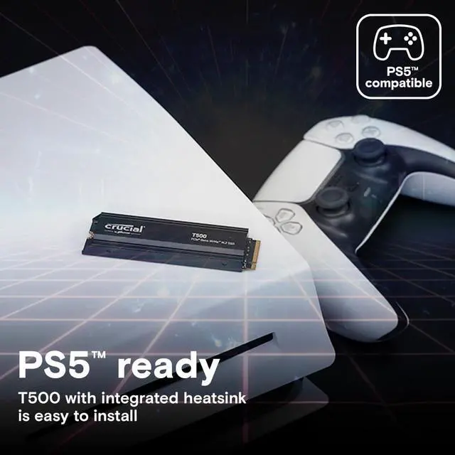 Alt view image 3 of 5 - Crucial T500 1TB Gen4 NVMe M.2 Internal Gaming SSD with Heatsink, Up to 7300MB/s, PlayStation 5 Compatible + 1mo Adobe CC All Apps- CT1000T500SSD5