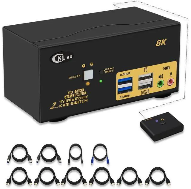 Main image of CKLau 2 Port USB 3.0 Triple Monitor KVM Switch HDMI 2.1 8K@60Hz 4K@144Hz with Audio and All Input Cable for 2 Computers 3 Monitors Supports Hotkey Switching