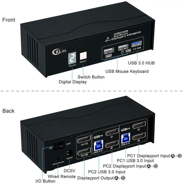 Alt view image 3 of 5 - CKLau 2 Port Displayport 1.4 KVM Switch 2 Monitors with Cables and USB 3.0 Hub Supports 4096x2160@60Hz, 2560x1440@144Hz for 2 Computers 2 Monitors Sharing Keyboard Mouse Peripheral Device