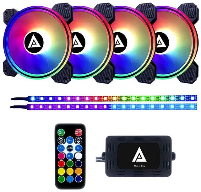 Main image of Apevia ET42-RGB Electro 120mm Silent RGB Color Changing LED Fan with Remote Control, 28x LEDs & 8X Anti-Vibration Rubber Pads w/ 2 Magnetic LED Strips (4+2-pk)