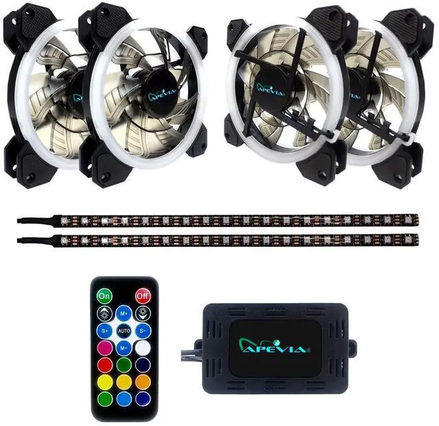 Alt view image 2 of 5 - Apevia ST4P2-RGB Spectra 120mm Silent Dual Ring RGB Color Changing LED Fan with Remote Control, 16x LEDs & 8X Anti-Vibration Rubber Pads w/ 2 Magnetic LED Strips (4+2-pk)