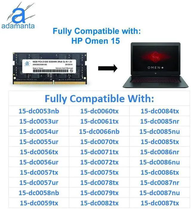Alt view image 4 of 5 - Adamanta 16GB (1x16GB) Laptop Memory Upgrade Compatible for HP Omen 15 DDR4 2666Mhz PC4-21300 SODIMM 2Rx8 CL19 1.2v RAM DRAM