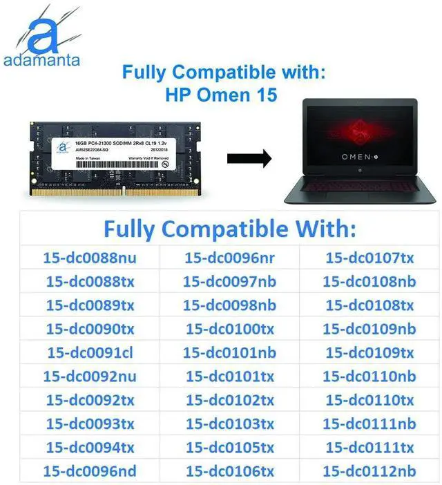 Alt view image 5 of 5 - Adamanta 16GB (1x16GB) Laptop Memory Upgrade Compatible for HP Omen 15 DDR4 2666Mhz PC4-21300 SODIMM 2Rx8 CL19 1.2v RAM DRAM