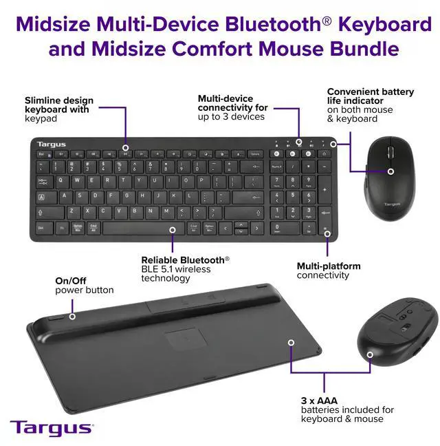 Alt view image 5 of 5 - Targus Midsize Multi-Device Bluetooth Keyboard and Mouse Bundle - Compatible with Chrome OS, Windows, macOS, iOS, and Android (AKM619AMUS)