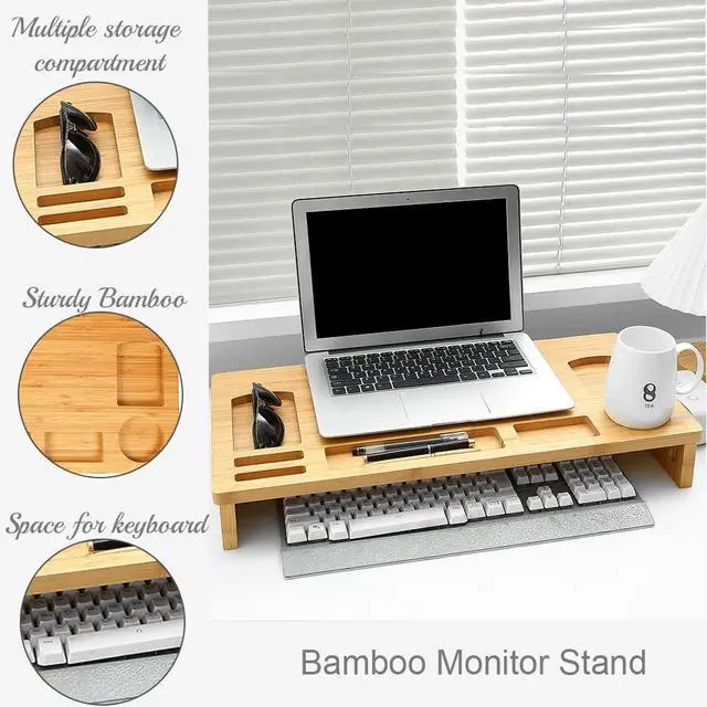Alt view image 5 of 5 - Bamboo Laptop Monitor Stand Riser - 23 Inch Wooden Desktop Storage Organizer Shelf for Computer Laptop Printer TV Cellphone Stand Desktop Monitor