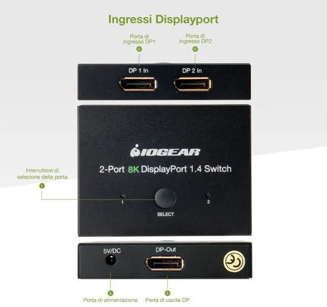 Alt view image 2 of 5 - IOGEAR DisplayPort 1.4 Switcher 8K 60Hz - 2 Port Converter 2 in to 1 Out - HD Audio - GDP14SW2