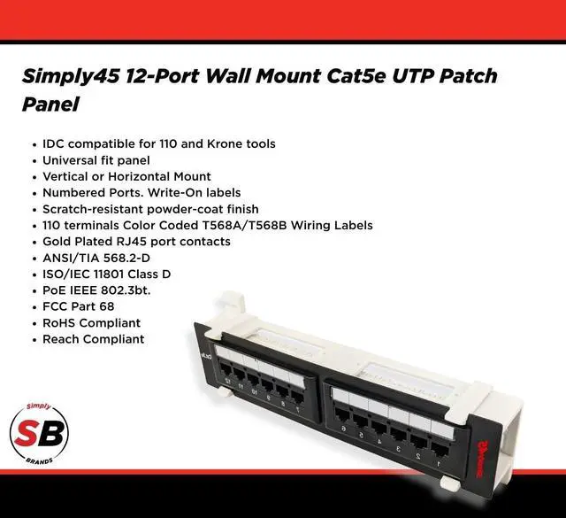 Alt view image 2 of 5 - Simply45 12-Port UTP Cat5e Patch Panel - 110 Style, Wall Mount Bracket, Cable Ties & Rack Mount Screws - S45-2512