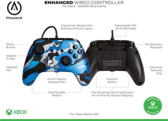 Alt view image 3 of 5 - PowerA Enhanced Wired Controller for Xbox Series X|S - Metallic Blue Camo, gamepad, wired video game controller, gaming controller, Officially Licensed for Xbox