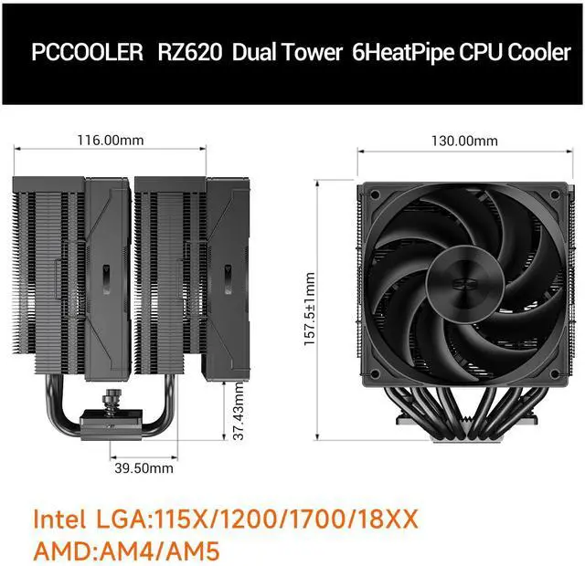 Alt view image 2 of 5 - PCCOOLER RZ620 CPU Cooler TDP CPU Air Cooler Dual Tower CPU Fan 6 HeatPipe CPU Cooling System with Three Modes PWM Silent Fans, Easy Install Air Cooler for Intel LGA 115X/1200/1700,AMD AM4/AM5,BK