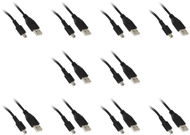 Main image of Mini USB 2.0 Cable, Black, Type A Male to 5 Pin Mini-B Male, 6 foot - 10 Pack