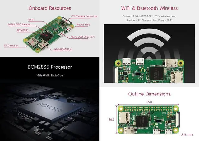 Alt view image 4 of 5 - Waveshare Development Kit Compatible with Raspberry Pi Zero WH (Built-in WiFi, Pre-Soldered Headers) Bundle with Mini HDMI to HDMI Adapter Micro USB OTG Cable (3 Items)