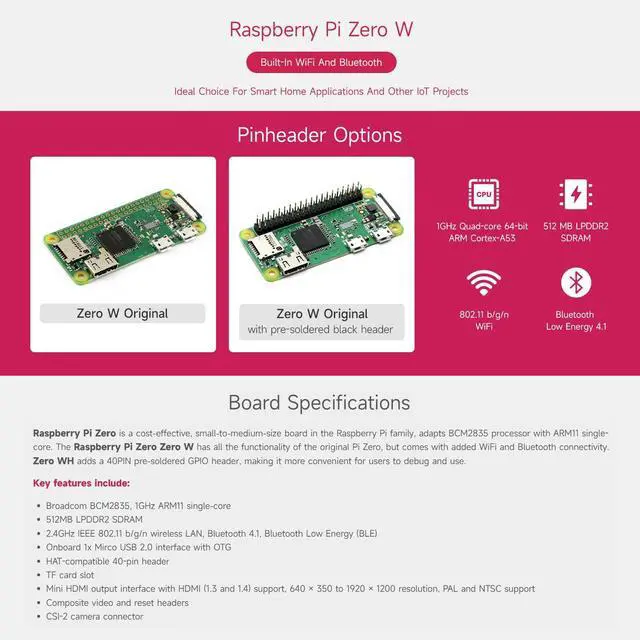 Alt view image 3 of 5 - Waveshare Development Kit Compatible with Raspberry Pi Zero WH (Built-in WiFi, Pre-Soldered Headers) Bundle with Mini HDMI to HDMI Adapter Micro USB OTG Cable (3 Items)