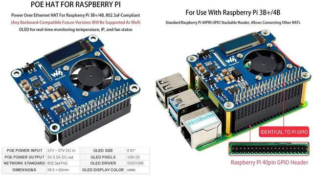 Alt view image 5 of 5 - POE HAT (B) for Raspberry Pi 4B/3B+,Power Over Ethernet HAT with 0.91" OLED,Support 802.3af PoE Network,802.3af Power-Sourcing Equipment Required