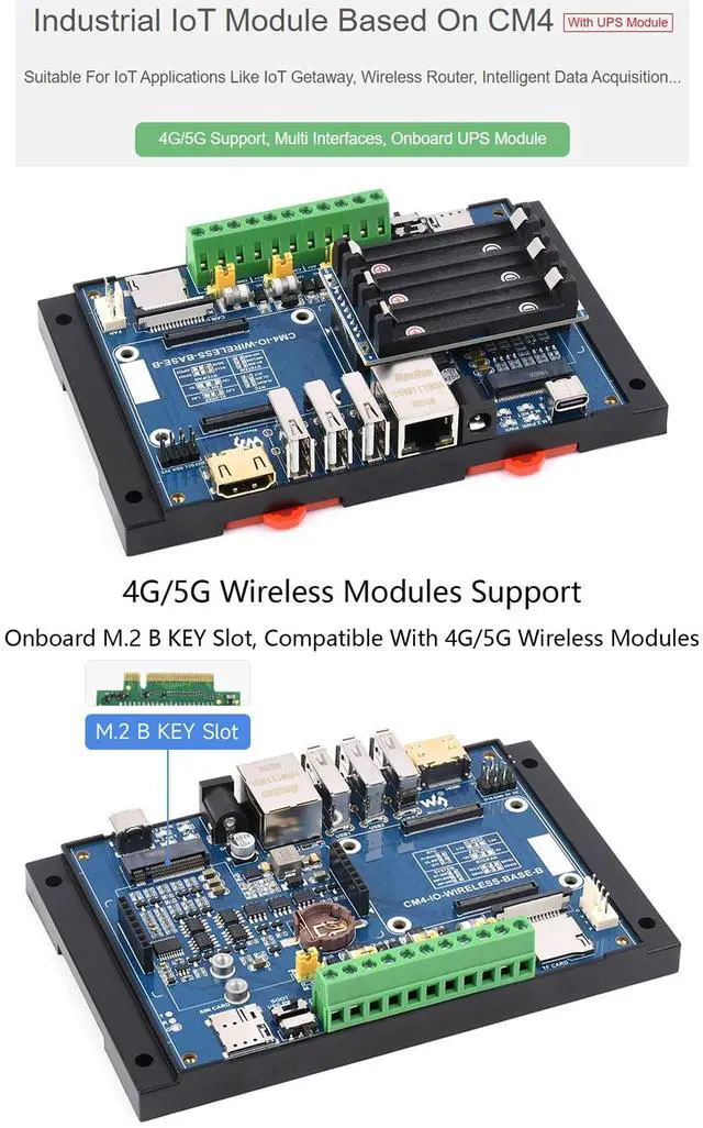 Alt view image 3 of 5 - waveshare Industrial IoT 5G/4G/LoRa Wireless Expansion Board with UPS Module for Raspberry Pi Compute Module 4 Lite/eMMC Series, with CSI/HDMI/USB/Gigabit Ethernet/CAN / RS485 / M.2 B Key Interfaces