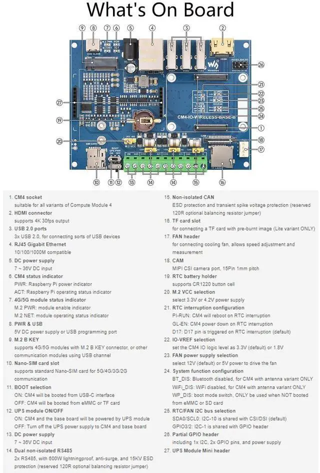 Alt view image 5 of 5 - waveshare Industrial IoT 5G/4G/LoRa Wireless Expansion Board with UPS Module for Raspberry Pi Compute Module 4 Lite/eMMC Series, with CSI/HDMI/USB/Gigabit Ethernet/CAN / RS485 / M.2 B Key Interfaces