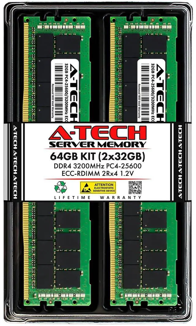 Main image of A-Tech 64GB Kit (2x32GB) DDR4 3200MHz PC4-25600 ECC RDIMM 2Rx4 Dual Rank 1.2V ECC Registered DIMM 288-Pin Server & Workstation RAM Memory Upgrade Modules (A-Tech Enterprise Series)