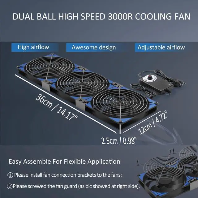 Alt view image 4 of 5 - 120mmx3 360mm Adjustable Computer PC Vent Fans 3-12V Speed Controller for Chicken Coop Rack Space Window Wall Cabinet Server Mining Rig Exhaust Cooling