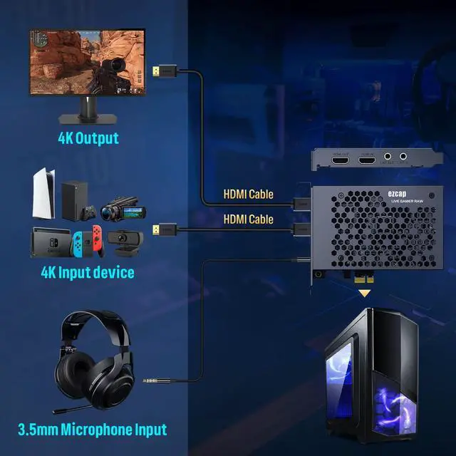 Alt view image 4 of 5 - Game Capture Card, HDMI PCI-E 4K 30fps Record & Live Stream from Gaming Systems, Camcorders, DSLRs,Support Zero Delay HDMI Loop-Out