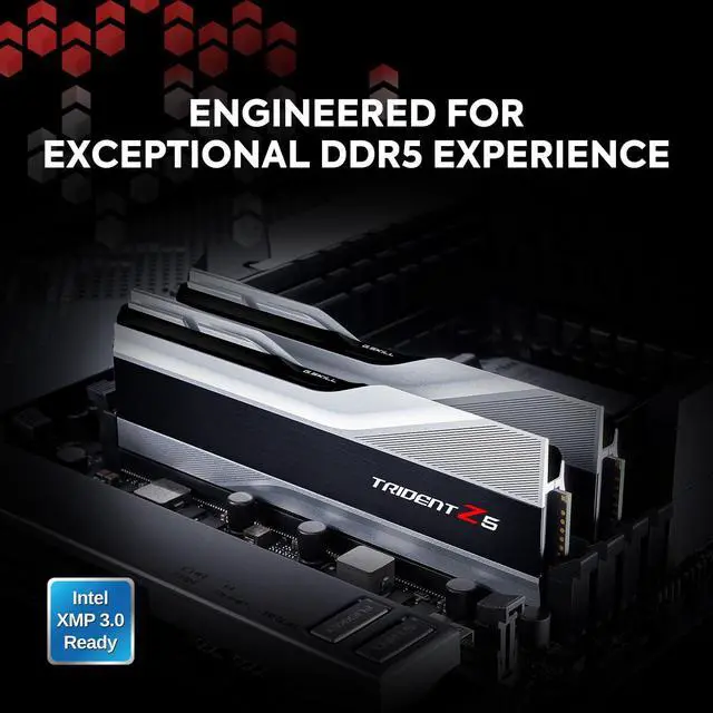 Alt view image 2 of 5 - G.SKILL Trident Z5 Series (Intel XMP 3.0) DDR5 RAM 64GB (2x32GB) 6000MT/s CL32-38-38-96 1.40V Desktop Computer Memory UDIMM - Metallic Silver (F5-6000J3238G32GX2-TZ5S)