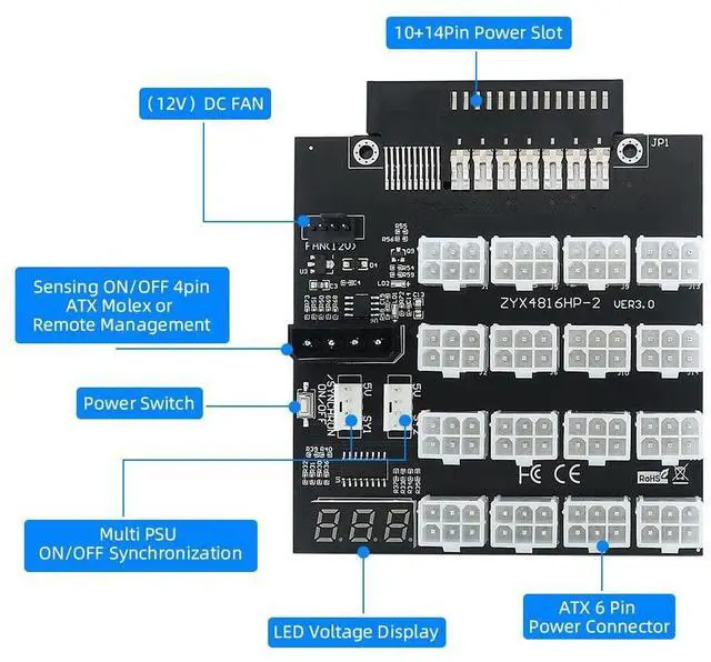 Alt view image 3 of 5 - chenyang CY 52.10mm 10+14Pin Power Slot to ATX 6Pin 16 Ports Flex Slot Server Power Supply Board Adapter for CHIA ETH BTC Mining Miner