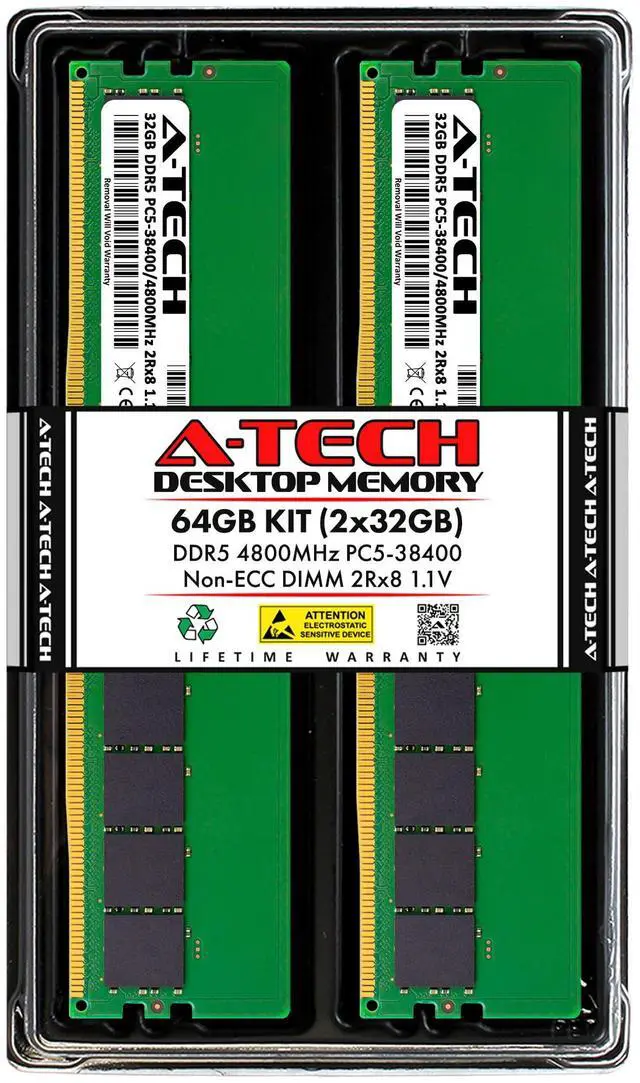 Main image of A-Tech 64GB Kit (2x32GB) DDR5 4800MHz PC5-38400 CL40 UDIMM 2Rx8 Dual Rank 1.1V Non-ECC Unbuffered DIMM 288-Pin Desktop PC/Computer RAM Memory Upgrade Modules