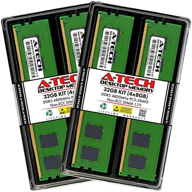 Main image of A-Tech 32GB Kit (4x8GB) DDR5 4800MHz PC5-38400 CL40 UDIMM 1.1V Non-ECC Unbuffered DIMM 288-Pin Desktop PC/Computer RAM Memory Upgrade Modules
