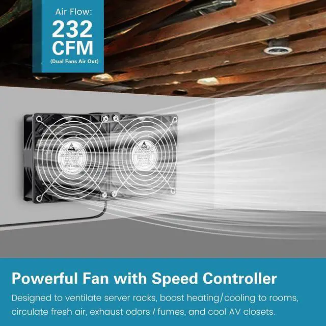 Alt view image 2 of 5 - GDSTIME Dual 120mm x 38mm Computer Fan with AC Plug, AC 110V-240V Variable Speed Fan 240mm for DIY Cooling Mining Rig Server Case Grow Rack AV Cabinets Room to Room Basement Garage Ventilation Exhaust