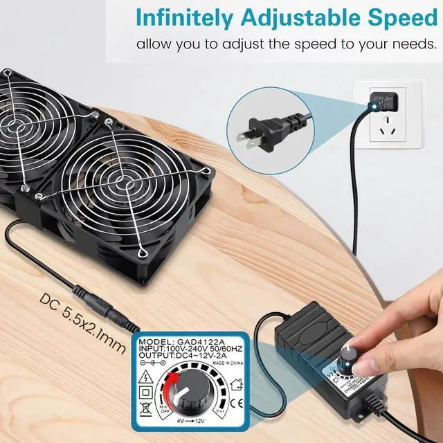 Alt view image 3 of 5 - GDSTIME Dual 120mm x 38mm Computer Fan with AC Plug, AC 110V-240V Variable Speed Fan 240mm for DIY Cooling Mining Rig Server Case Grow Rack AV Cabinets Room to Room Basement Garage Ventilation Exhaust