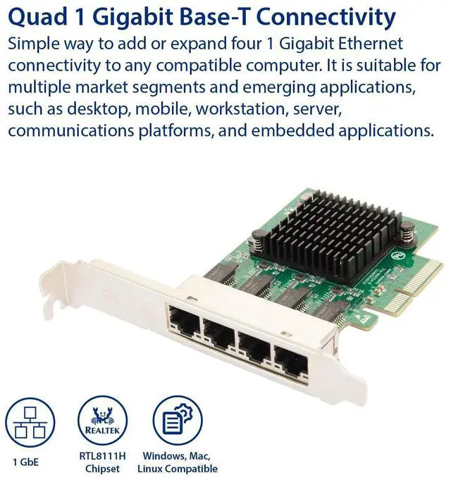 Alt view image 2 of 5 - IO CREST 4 Port Quad Gigabit Ethernet PCI Express 2.1 PCI-E x4 Network Interface Card (NIC) 10/100/1000 Mbps Realtek Chipset SI-PEX24085
