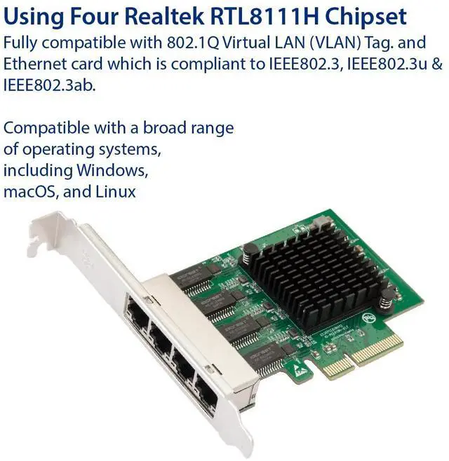 Alt view image 3 of 5 - IO CREST 4 Port Quad Gigabit Ethernet PCI Express 2.1 PCI-E x4 Network Interface Card (NIC) 10/100/1000 Mbps Realtek Chipset SI-PEX24085