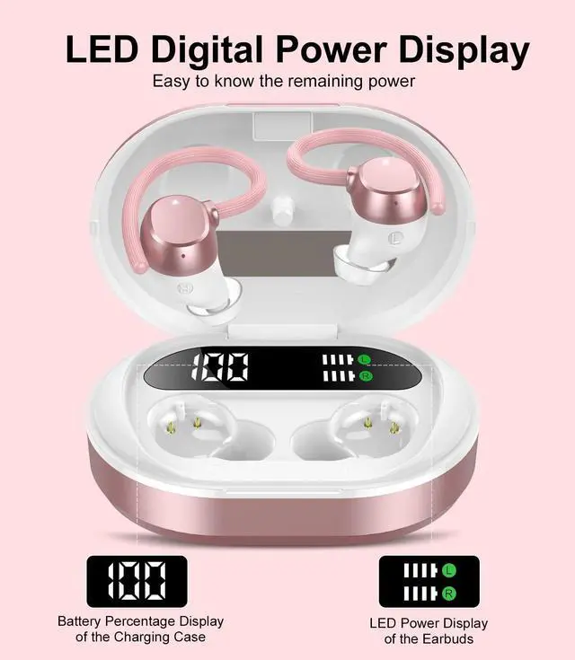 Alt view image 3 of 5 - Ear buds Wireless Earbuds, HiFi Stereo Bluetooth 5.3 Running Headphones with Dual LED Display 30Hrs Playtime, Built-in Mic, Type-C, in-Ear Bluetooth Earphones with Earhooks for Sport, Rose Gold
