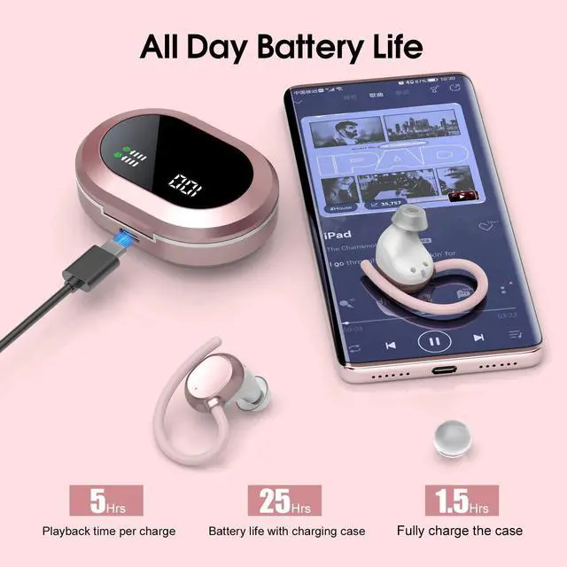 Alt view image 5 of 5 - Ear buds Wireless Earbuds, HiFi Stereo Bluetooth 5.3 Running Headphones with Dual LED Display 30Hrs Playtime, Built-in Mic, Type-C, in-Ear Bluetooth Earphones with Earhooks for Sport, Rose Gold