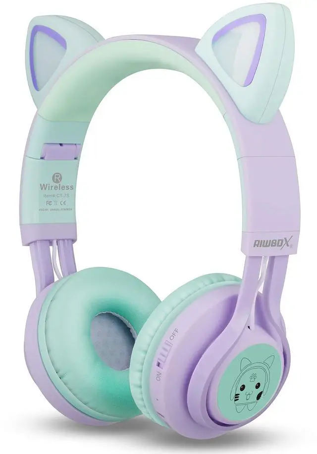 Alt view image 3 of 5 - Riwbox Kids Wireless Headphones, CT-7S Cat Ear Bluetooth, 85dB Volume Limiting, LED Light Up Over Ear with Microphone for Laptop/PC/TV