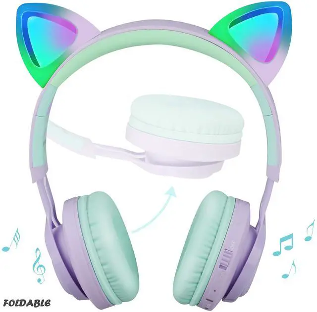 Alt view image 2 of 5 - Riwbox Kids Wireless Headphones, CT-7S Cat Ear Bluetooth, 85dB Volume Limiting, LED Light Up Over Ear with Microphone for Laptop/PC/TV