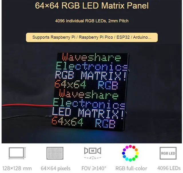 Alt view image 2 of 5 - waveshare RGB Full Color LED Matrix Panel 64x64 Pixels, 2mm Pitch, Adjustable Brightness,Supports Raspberry Pi/Raspberry Pi Pico / ESP32 / Ardu,Display Text, Colorful Image, Animation