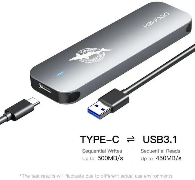 Alt view image 4 of 5 - Dogfish Portable External SSD 500GB 2242/2260/2280 Ngff Grey Metal USB 3.1 Type-C Ultra-Light Mini Breathable Portable Solid State Drive for Mac/Windows/Android/Linuxup to 8Gbps with LED Indicator