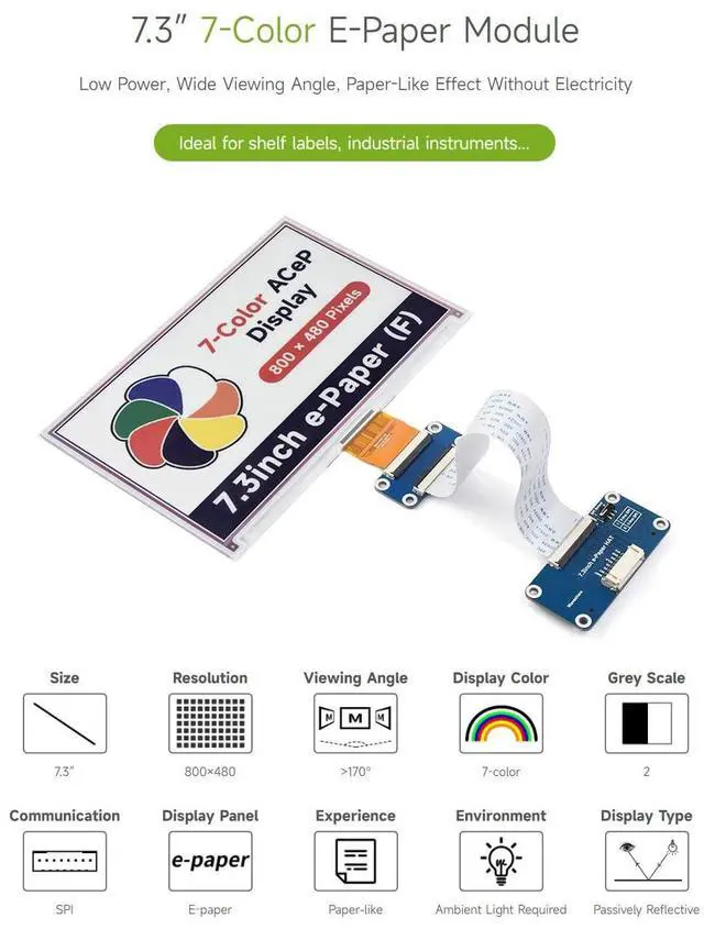 Alt view image 3 of 5 - Waveshare 7.3inch ACeP 7-Color E-Paper E-Ink Display Module, Compatible with Raspberry Pi 4B/3B+/3A+ /3B /2B/1B+/1A+/Zero 2 W/Zero W/Zero, 800×480 Pixels, SPI Communication